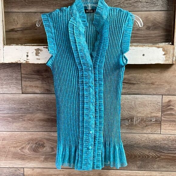 Apt 9 Ldies Pleated Short Sleeve Button Up Blouse, Size Medium, Teal and Black - Picture 1 of 6